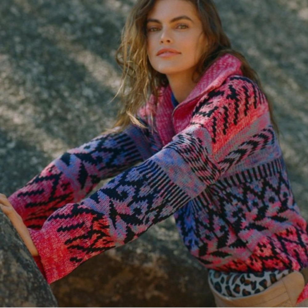 Anthropologie Abstract Quarter-Zip Pullover Sweater | Medium | Pink Fairisle